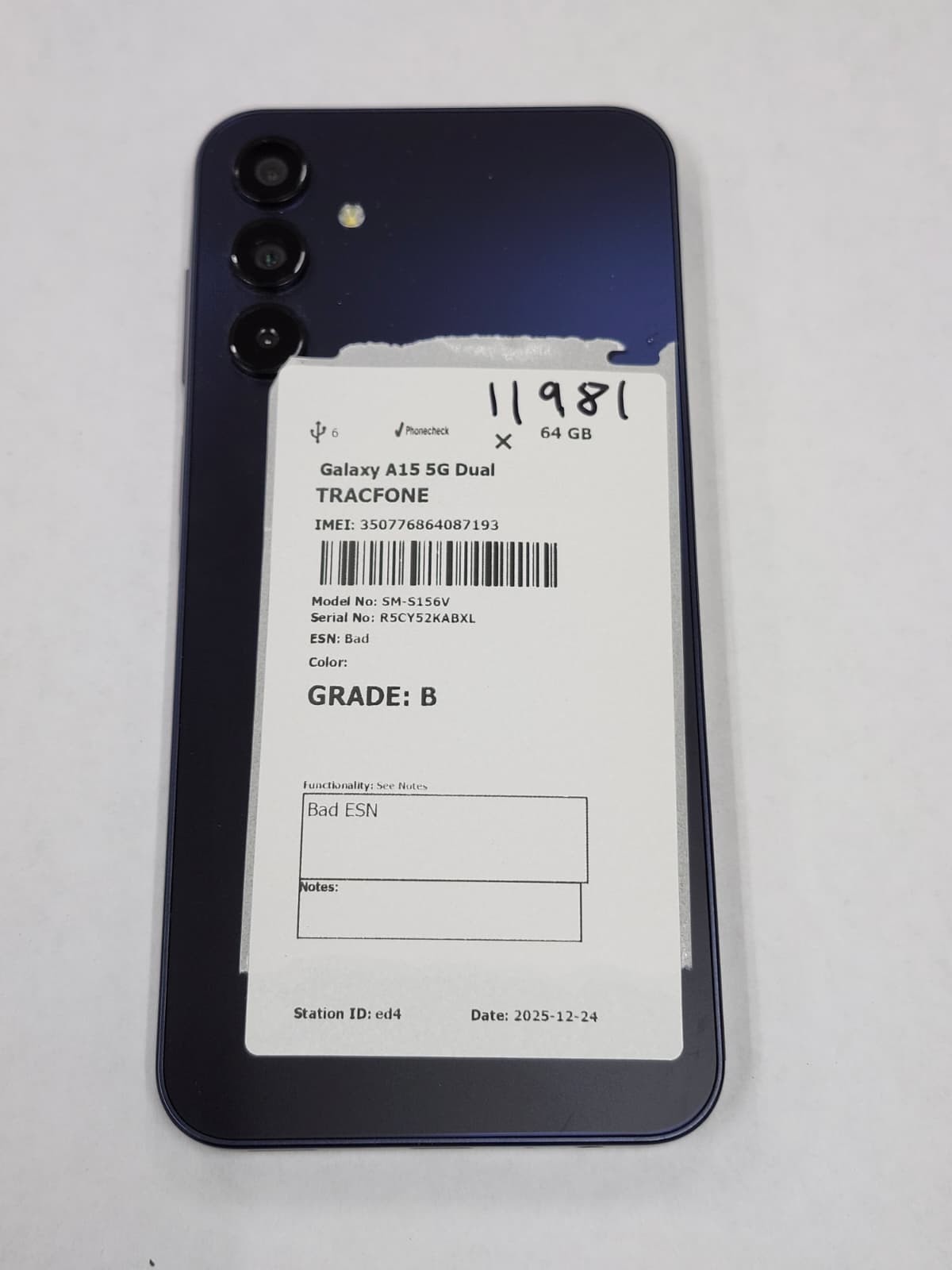 DEFECTIVE – Samsung Galaxy A15 5G – 64GB – Black – TracFone – 11981