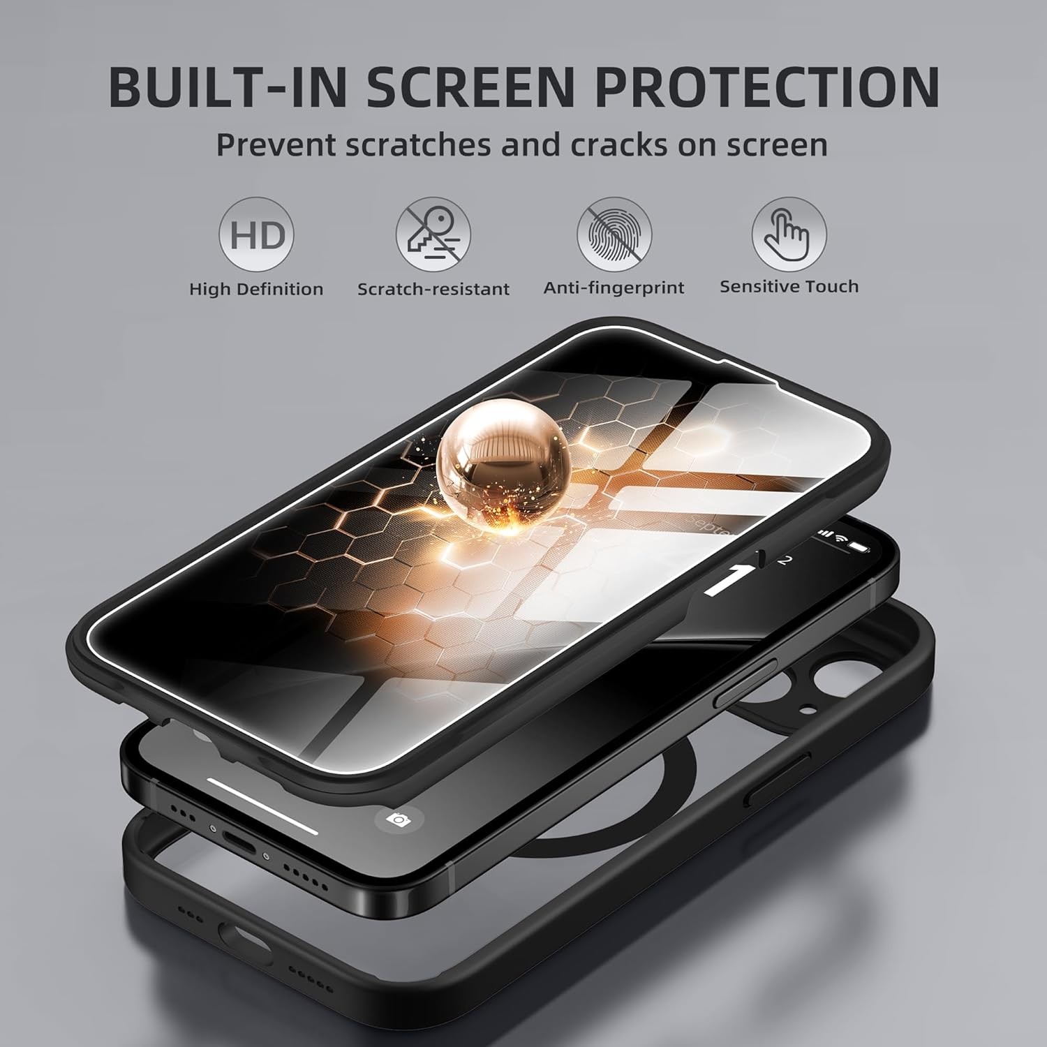 iPhone 14 Case, Built-in Privacy Screen Protector, Shockproof Full Body Phone Ca