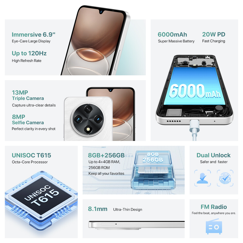 UMIDIGI G100A 4GB+4GB 128GB 6.9″ Octa Core Unlocked Dual SIM Android Smartphone