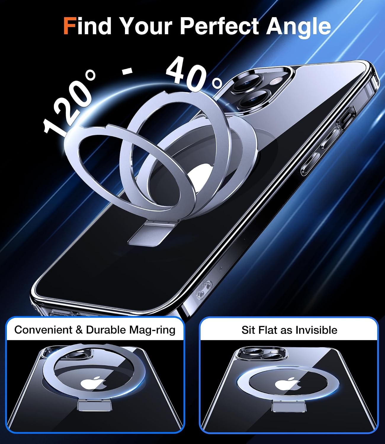Magnetic 3-in-1 KickStand Ring Holder for iPhone 13 and 14 Case, Clear Cover