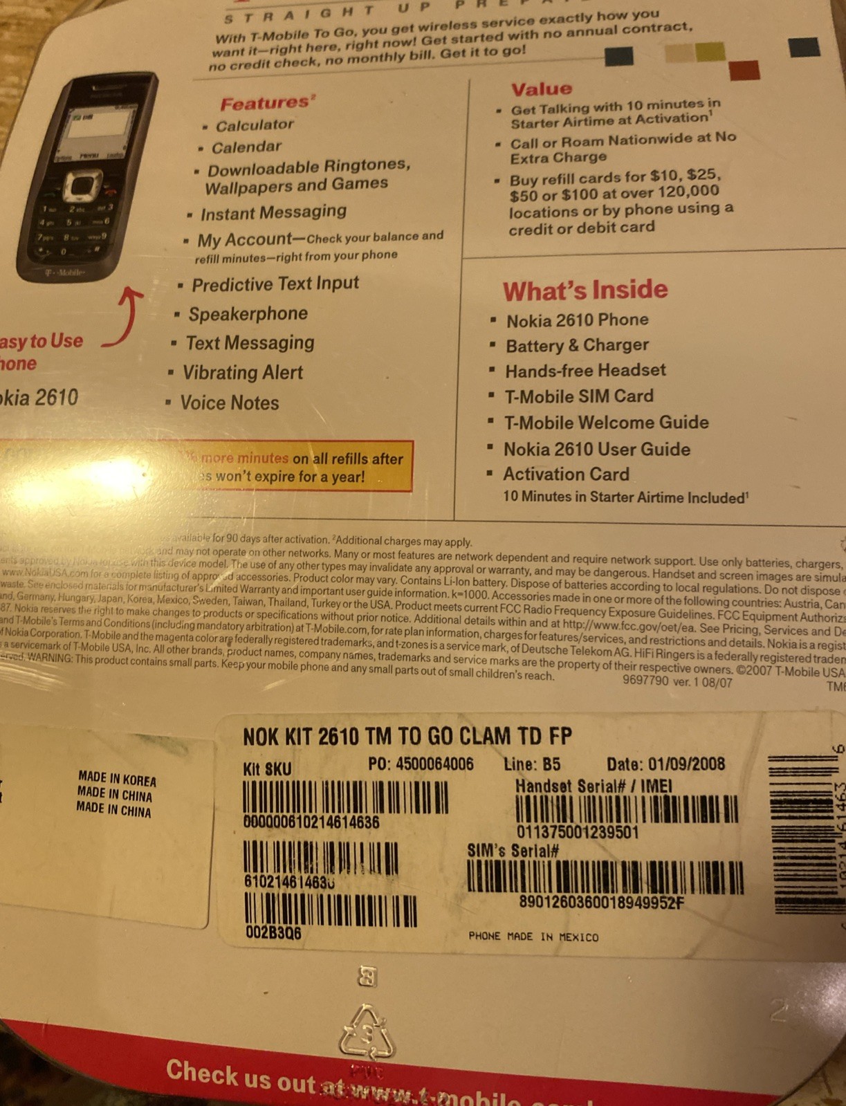 T-Mobile To Go Mobile Nokia 2610 Vintage Prepaid Phone / Brand New Sealed