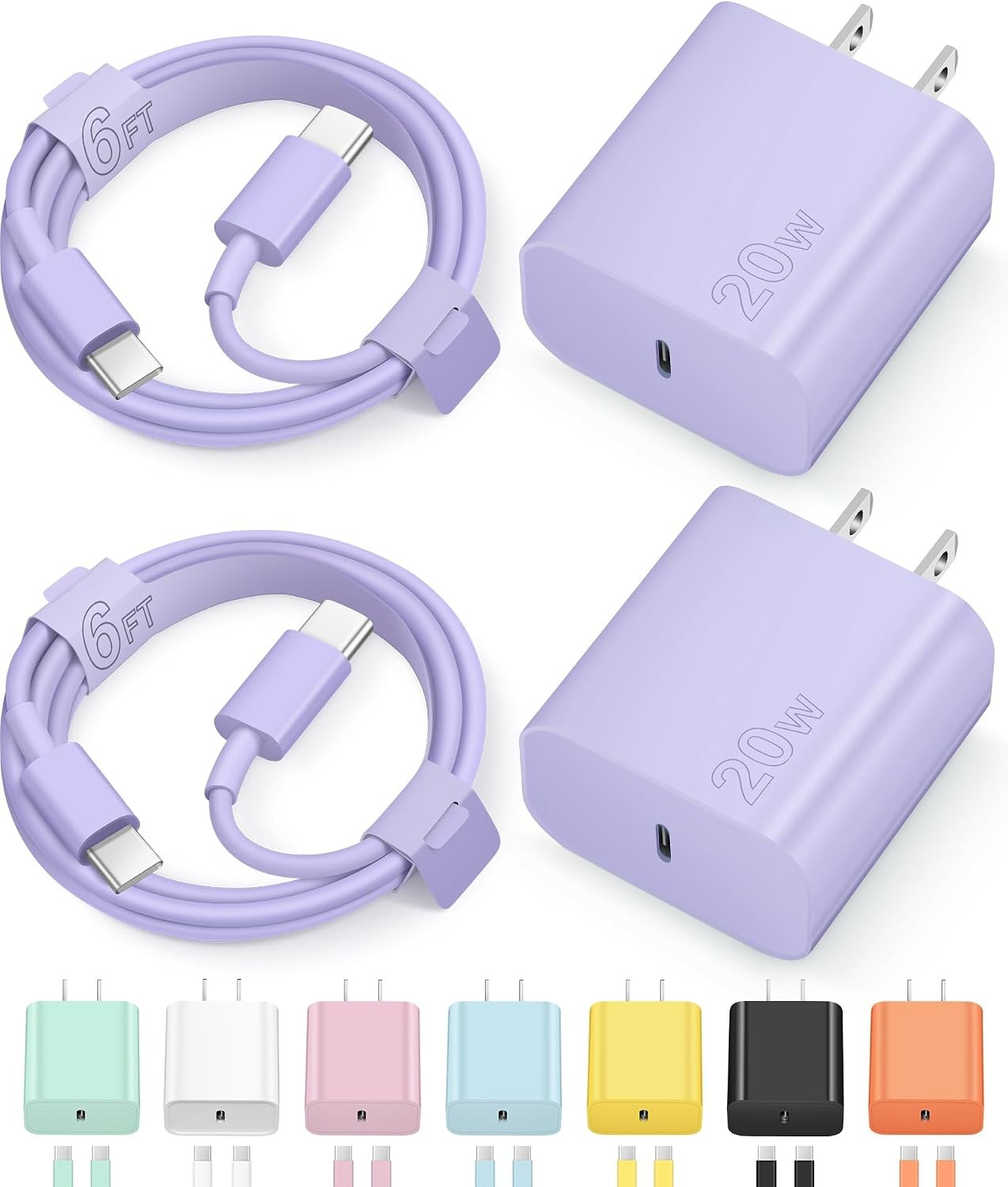 2PCS Fast Charging Type C Chargers & 6FT Cable for iPhone 17/16/15/iPad Pro