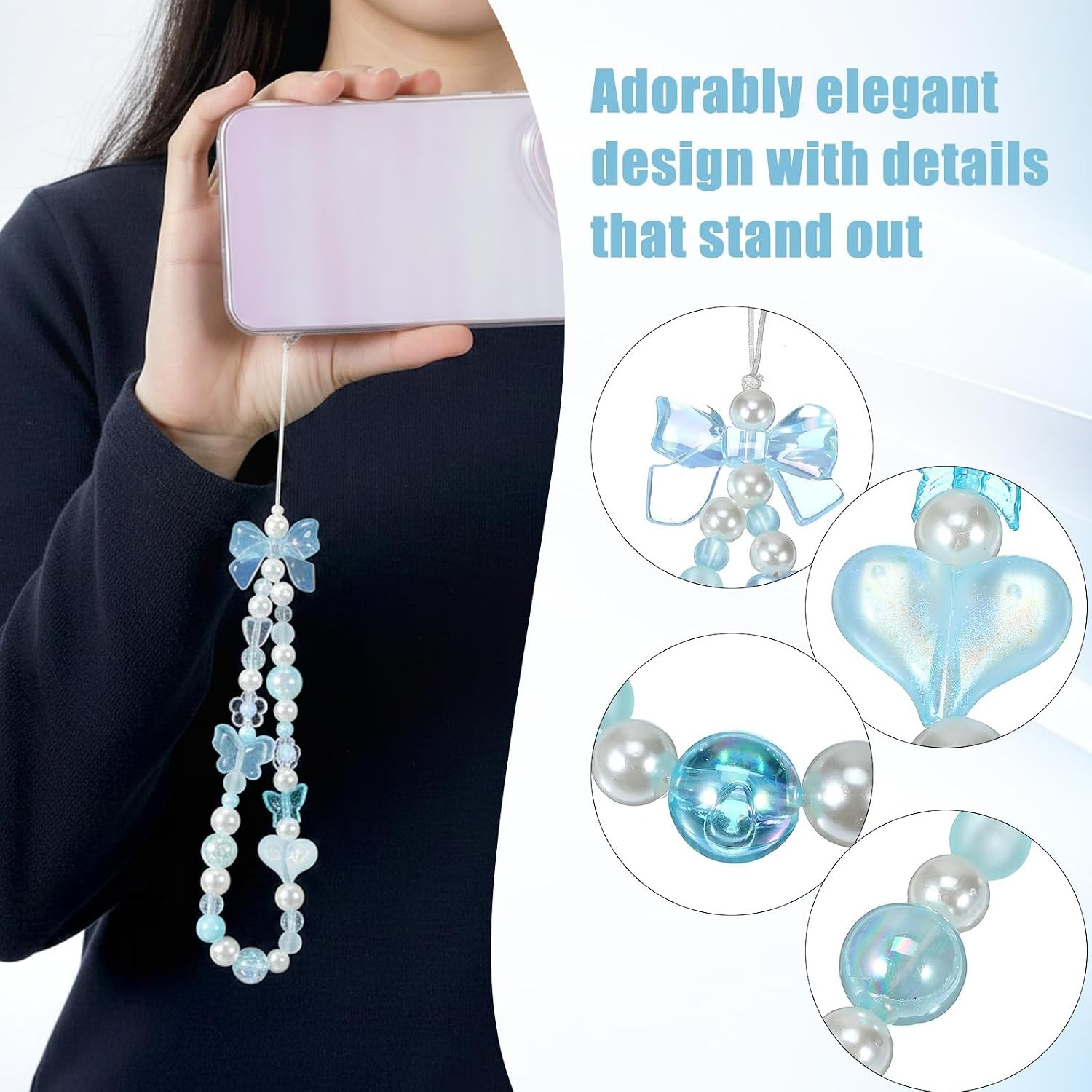 Cute Blue Phone Charm, Butterfly Heart Bow Shape Cellphone Case Charm Strap Aest