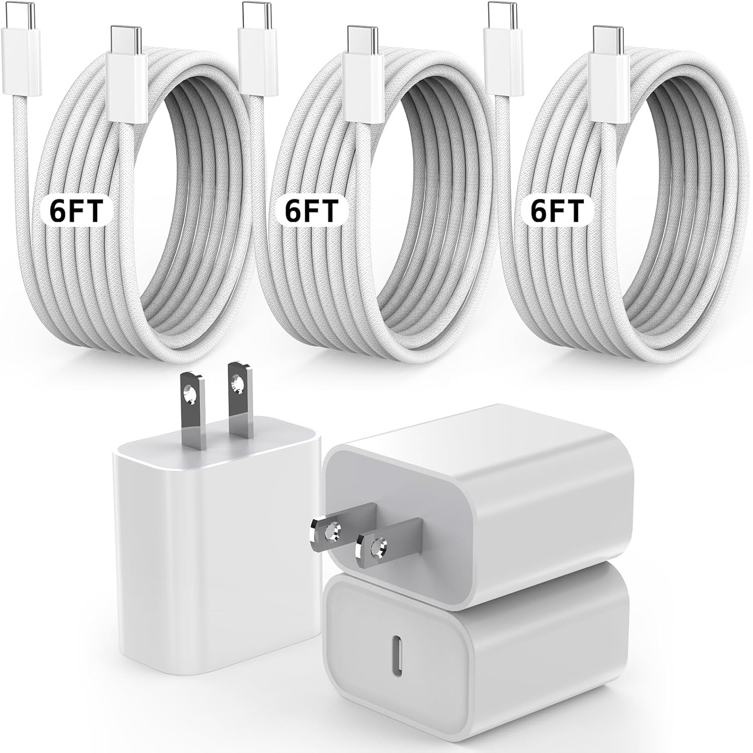 3-Pack 20W Type-C Fast Charger Wall Adapter for iPhone 17/16 6FT Cable
