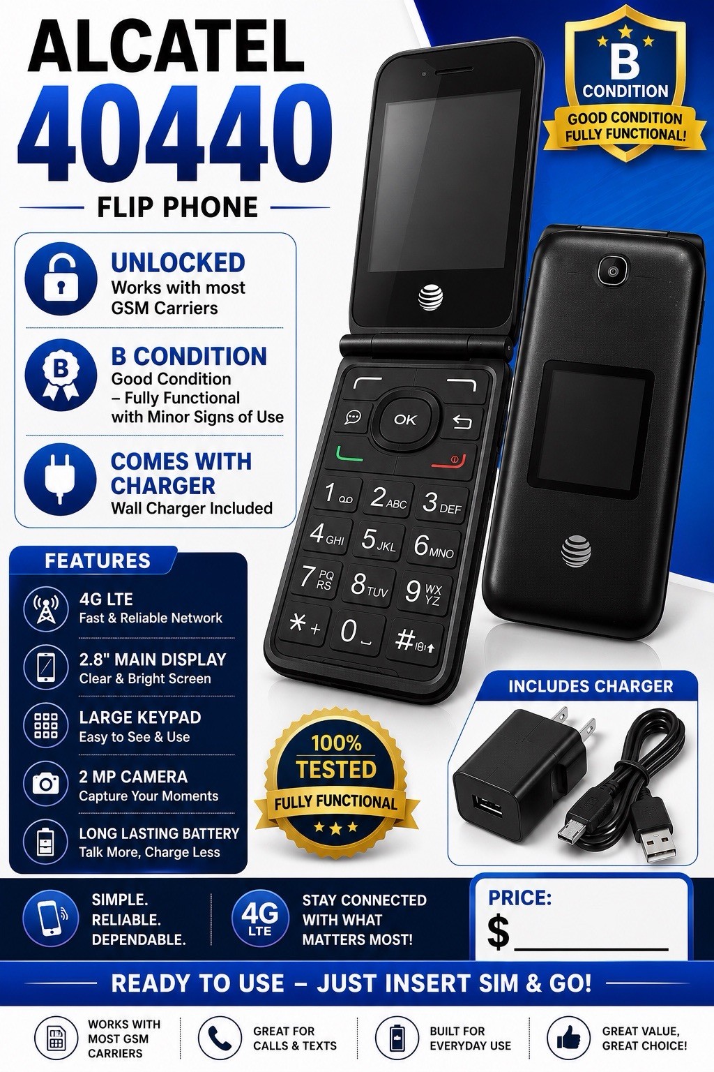 AT&T Cingular Flip 2 4G LTE 4GB HD-Voice Basic Flip Phone GSM Unlocked (4044O)