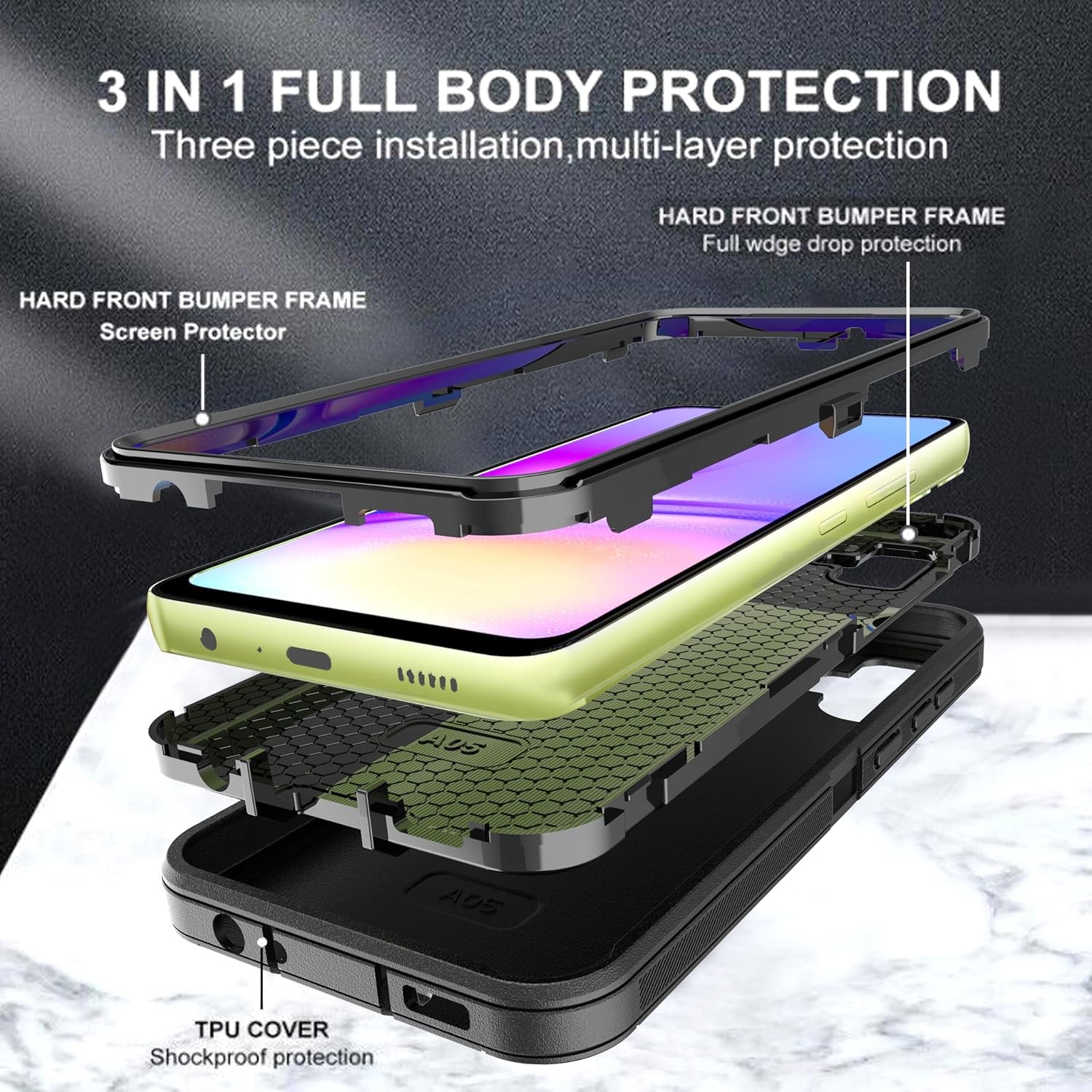 2PCS Case & Explosion-Proof Film for Galaxy A05 Black 3 in 1 Shockproof TPU Bump