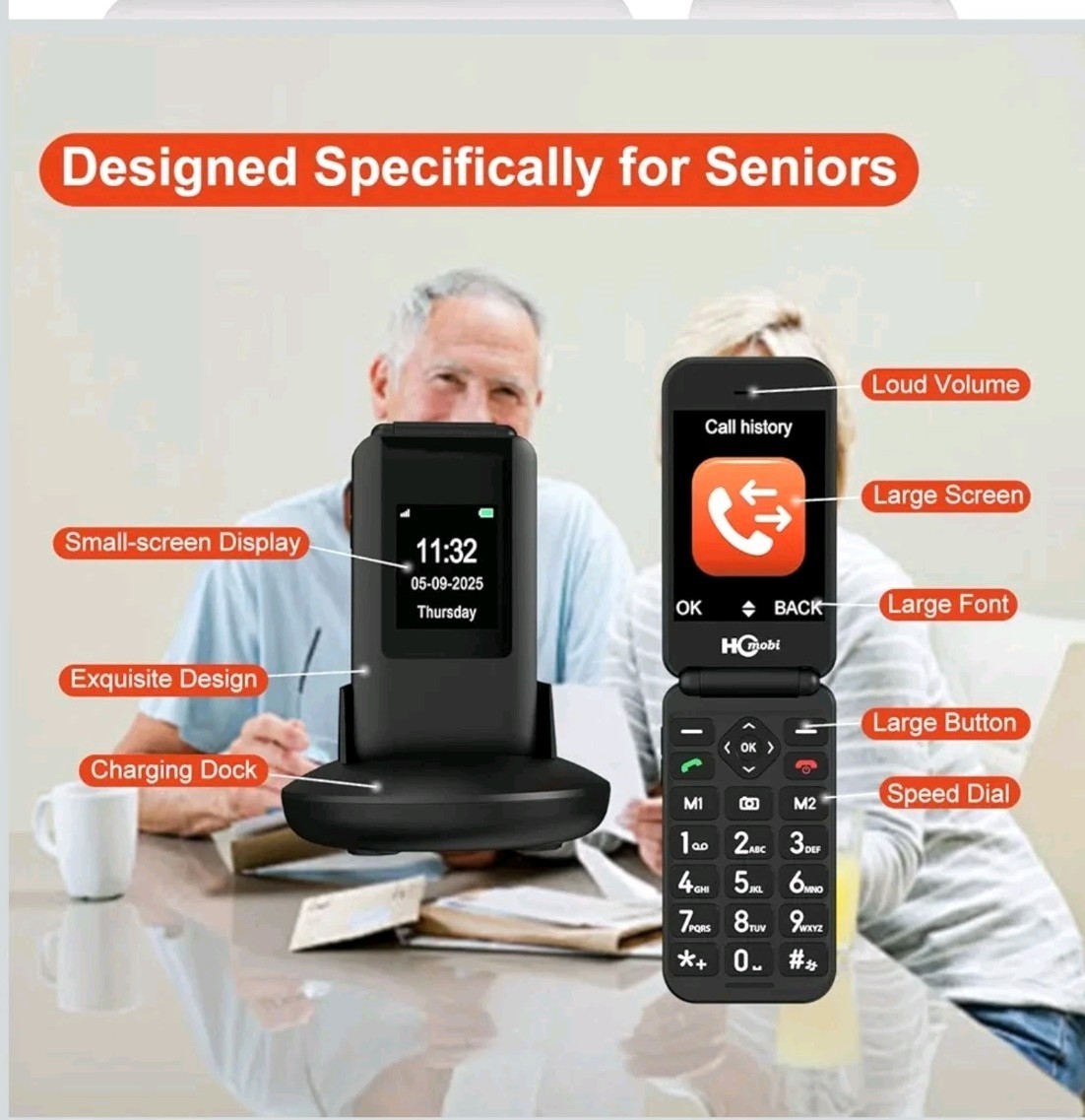 Flip Phones for Seniors，2.8+1.5″ Flip Phones Unlocked, Large Screen & Font & But