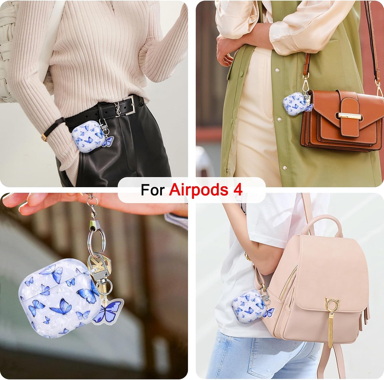 Butterfly Case for Airpods 4 (2024) Cover with Keychain, Pretty Blue Butterfly D