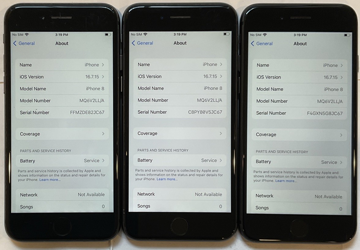THREE WEAK BATTERY USED GSM UNLOCKED APPLE iPhone 8, 64GB A1905 MQ6V2LL/A PHONES