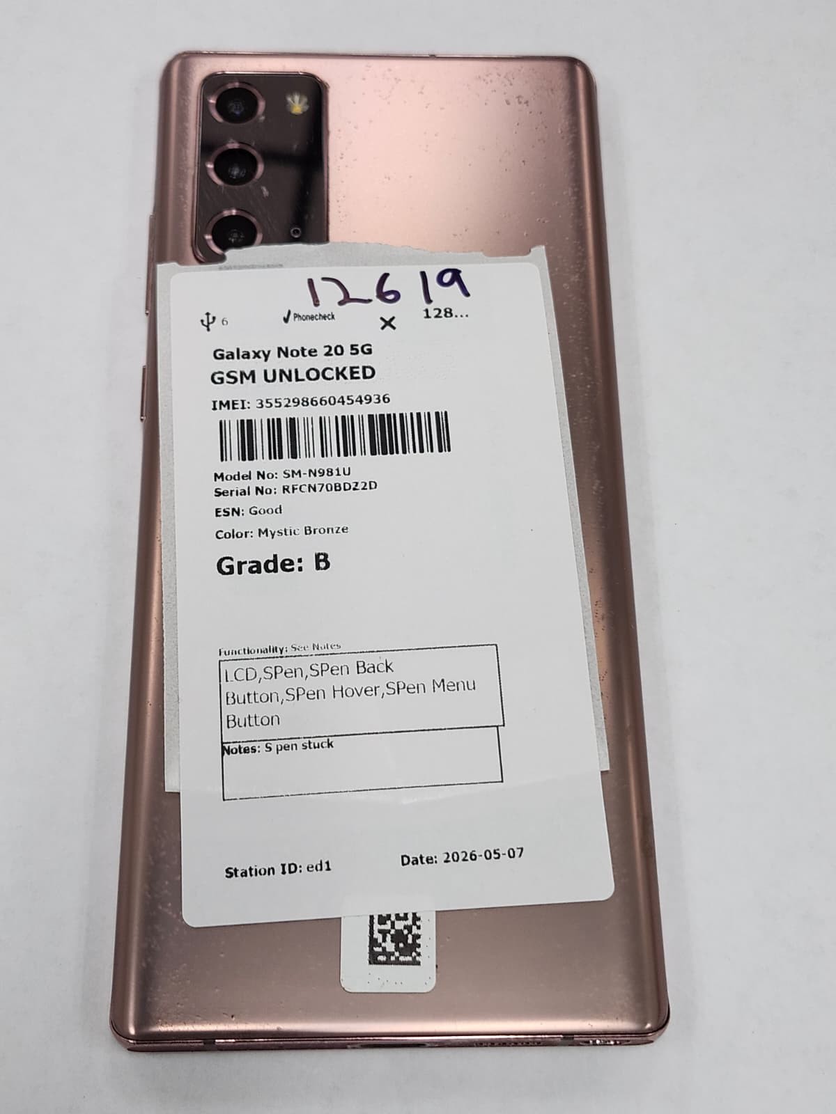 DEFECTIVE – Samsung Galaxy Note 20 5G – 128GB – Bronze – GSM Unlocked – 12619