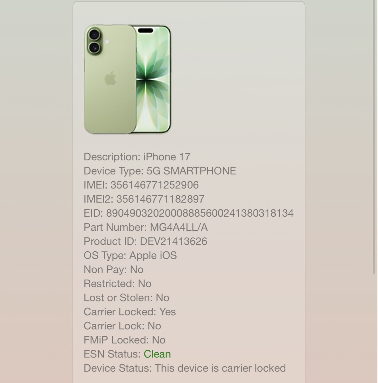 Apple iPhone 17 Green 256GB Wi-Fi Only *For Parts/Repair*