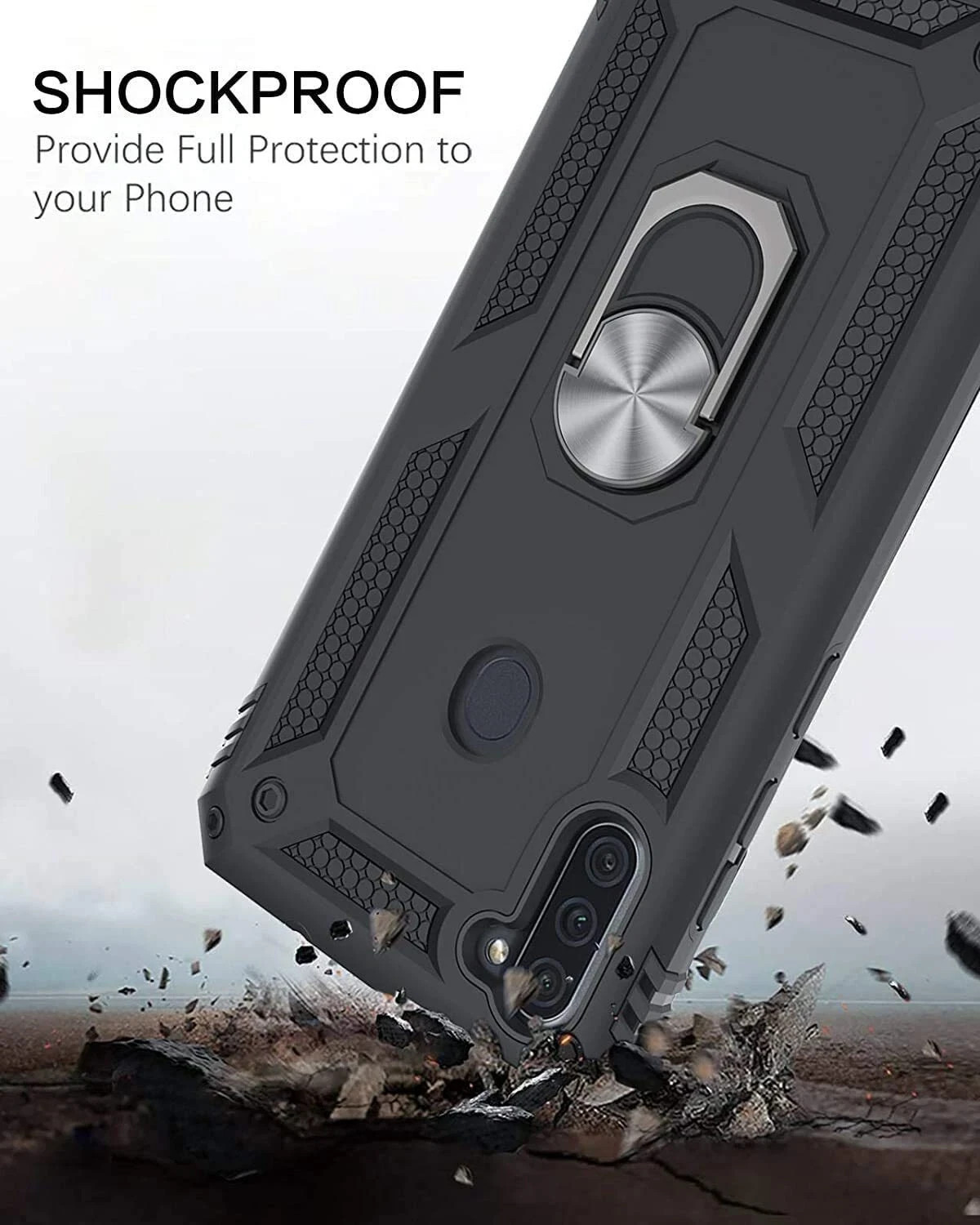 Samsung Galaxy A11 Case Heavy Duty Full Cover Ring-Grip Car Mount Black Defense
