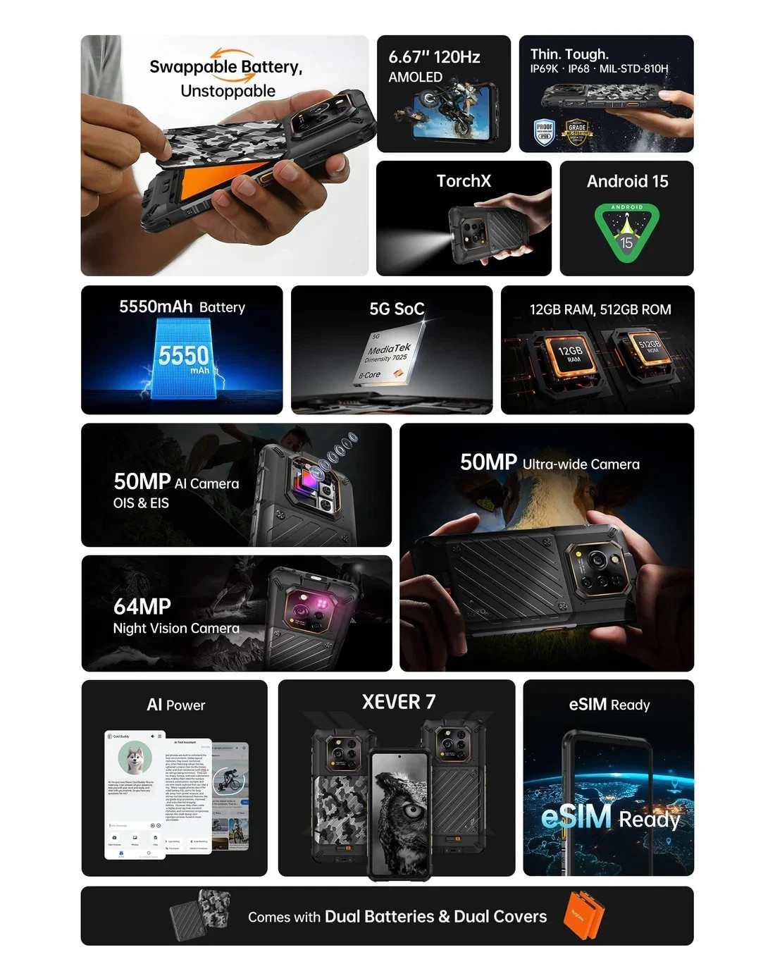 Ulefone RugOne Xever 7 5G 6.67″IPS 12GB /512GB 5550mAh Rugged SmartPhone Black