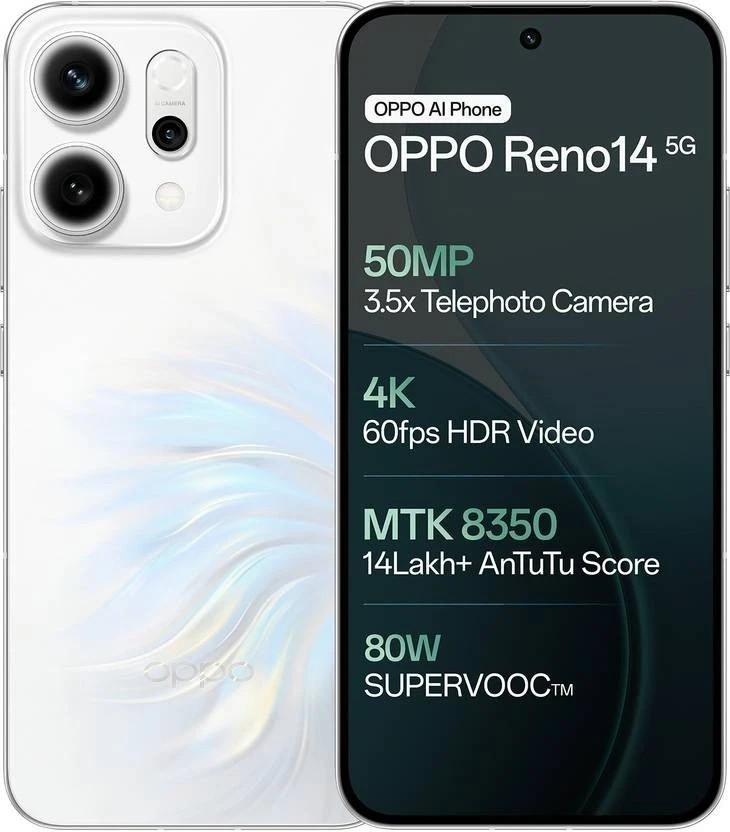 OPPO Reno 14 5G (White 512GB 12GB RAM) Dimensity 8350 NFC 6.59″ Global Version