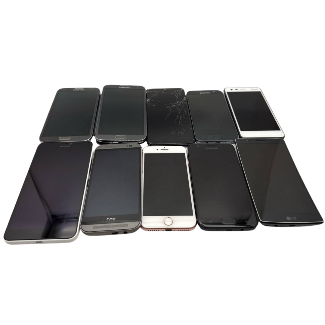 Lot of 10 Smartphones Samsung Note II S7 A10 iPhone 7 LG G Flex 2 Lumia 640XL