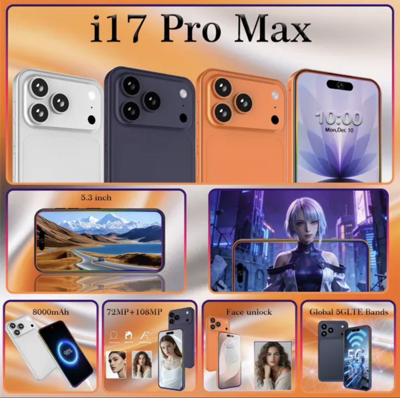 I17 Pro Max Unlocked Phone 5G, 12GB+512GB Dual SIM Cell Phone，6.8″ HD Display