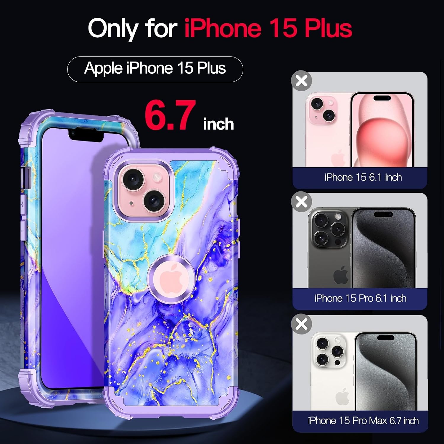 Cobalt Violet iPhone 15 Plus Case, Rugged Three Layer Shockproof Heavy Duty Prot