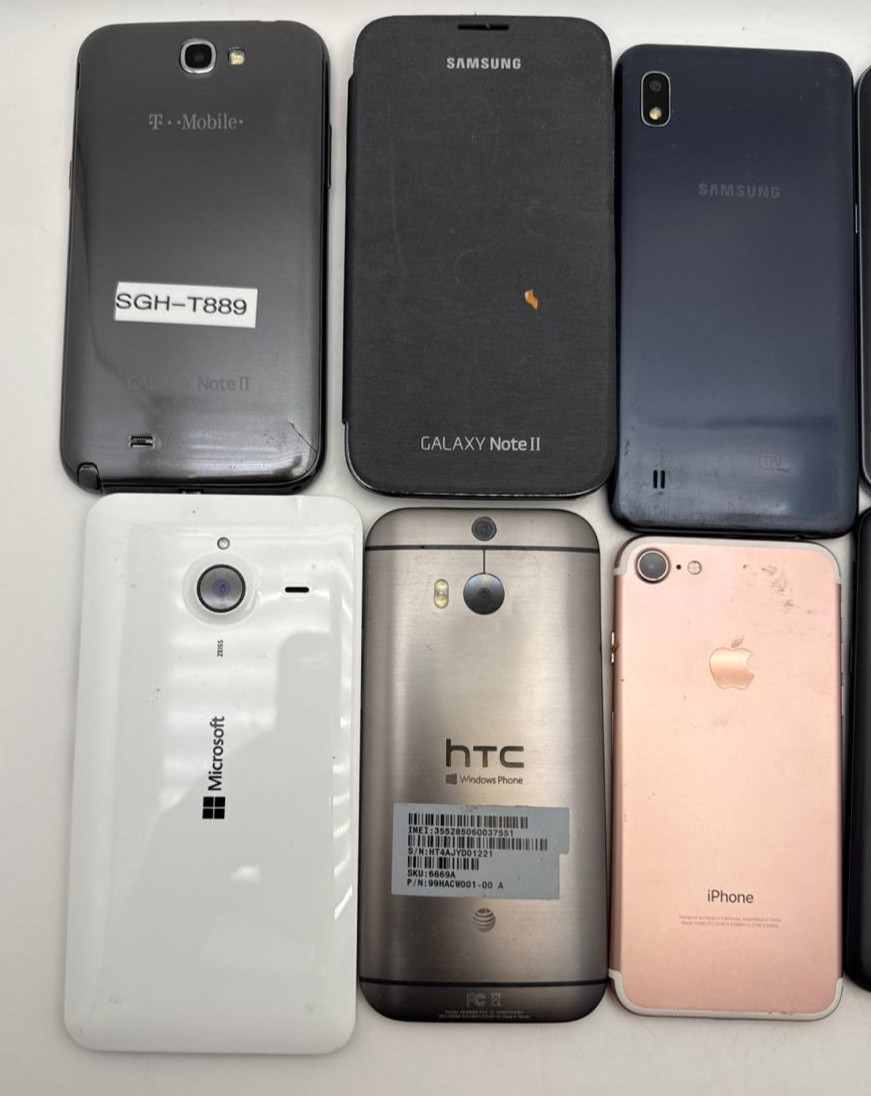 Lot of 10 Smartphones Samsung Note II S7 A10 iPhone 7 LG G Flex 2 Lumia 640XL