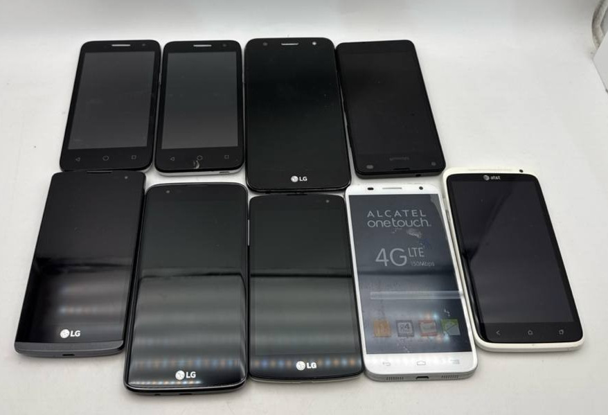 Lot of 9 Smartphones Alcatel Elevate LG K7 Leon Tribute Lumia 550 HTC One X READ