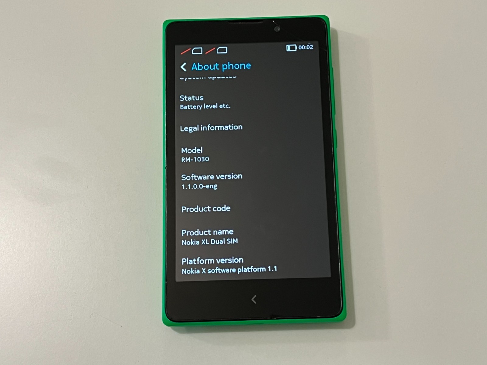 Nokia XL XX-YY RM-1030 Prototype HWID 0101 Build B1.1 Green Color Rare
