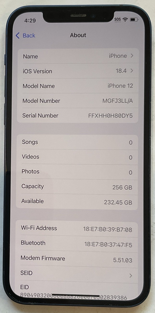 USED BLUE GSM UNLOCKED iPhone 12, 256GB A2172 MGFJ3LL/A, 89% BATTERY iOS 18.4