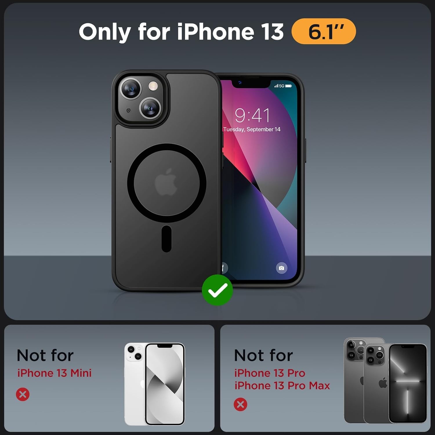 Magnetic for iPhone 13 Case 6.1 inch with 2X Screen Protectors, Black Cover