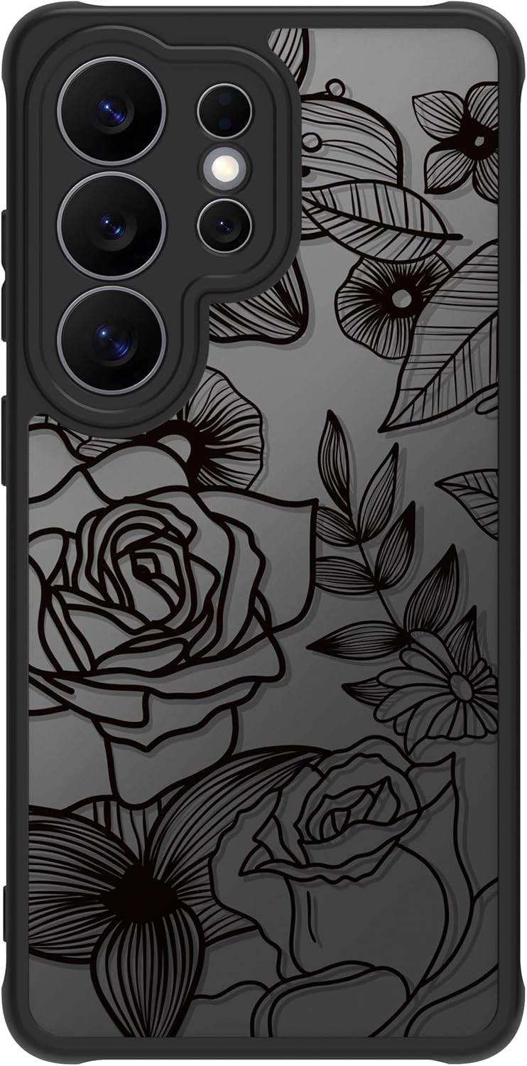 Cute Phone Case for Samsung Galaxy S26 Ultra, Black Line Art Floral Rose Pattern