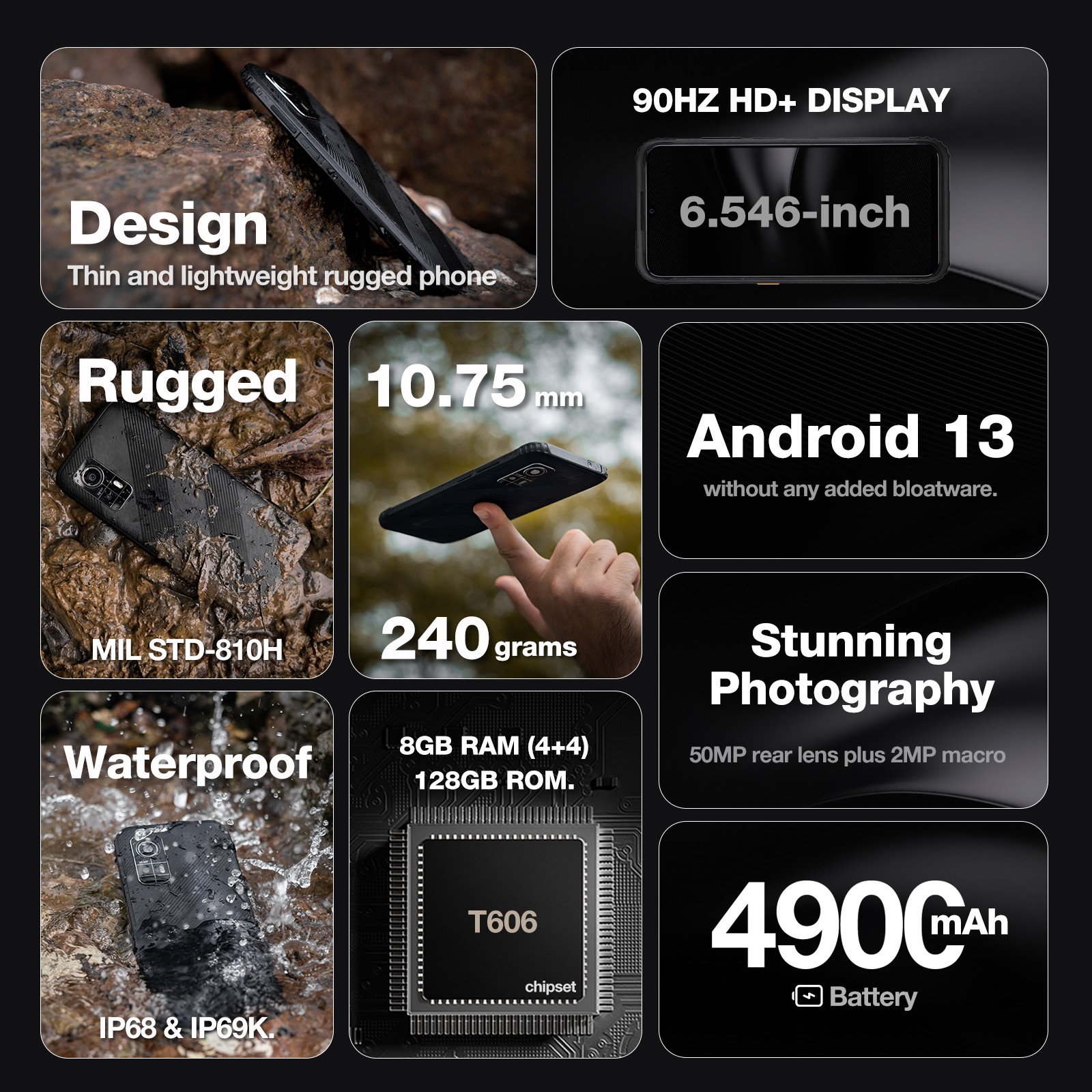AGM H6 Ultra-Thin Rugged Smartphone Unlocked 6.56” 16GB+256GB Android 13 Phones