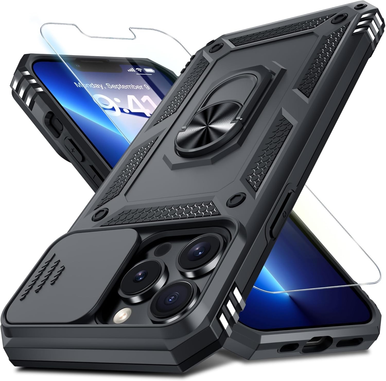 Heavy Duty Black Phone Case for iPhone 12 Pro Max with Slide Camera Cover & Kick