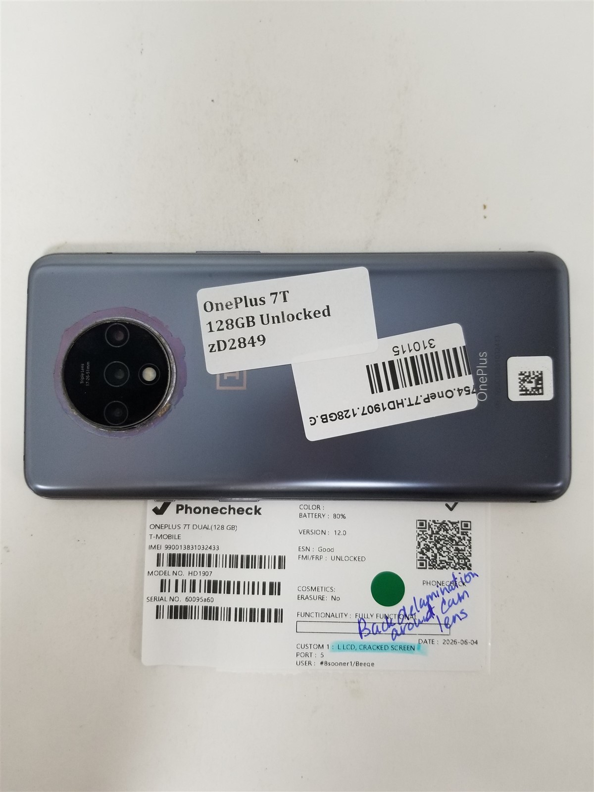 OnePlus 7T 128GB Silver HD1907 (T-Mobile Unlocked) Damaged zD2849