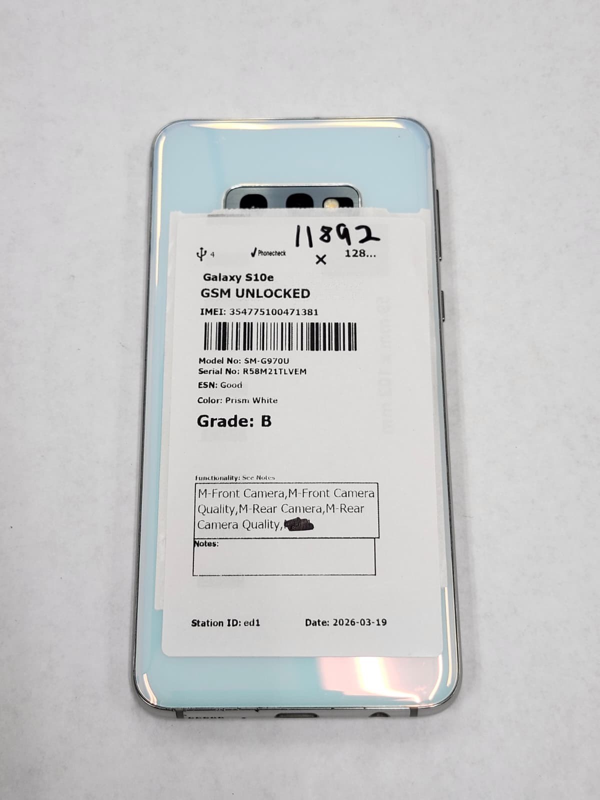DEFECTIVE -Samsung Galaxy S10E – 128 GB – White- GSM Unlocked – SM-G970U – 11892