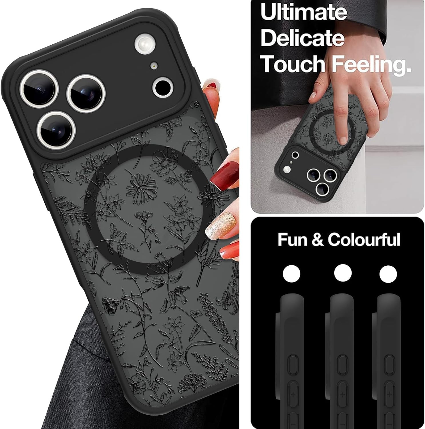 Magnetic Case for iPhone 17 Pro Max (6.9″) with Screen Protector, Cute Floral De