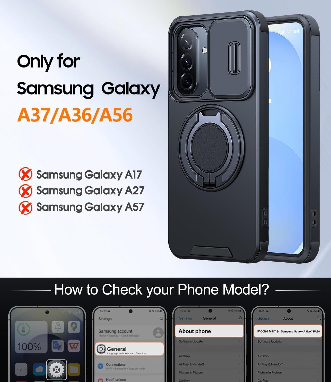 Samsung Galaxy A37/A36/A56 5G Case, Ring Holder Stand, Slide Camera Cover, Black