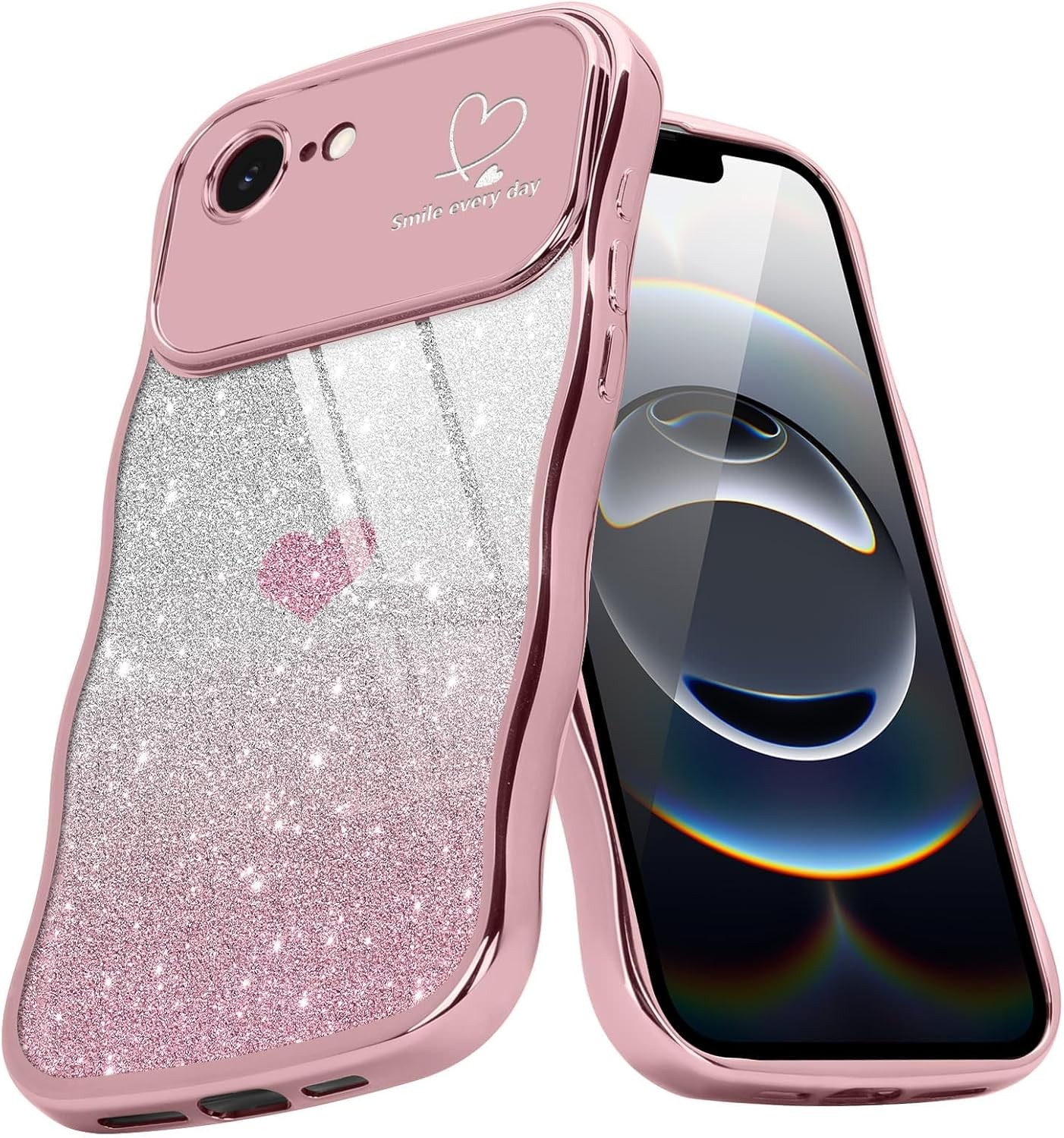 Cute Rose Gold iPhone 16e & 17e Case for Women, Glitter Heart Frame, Shockproof