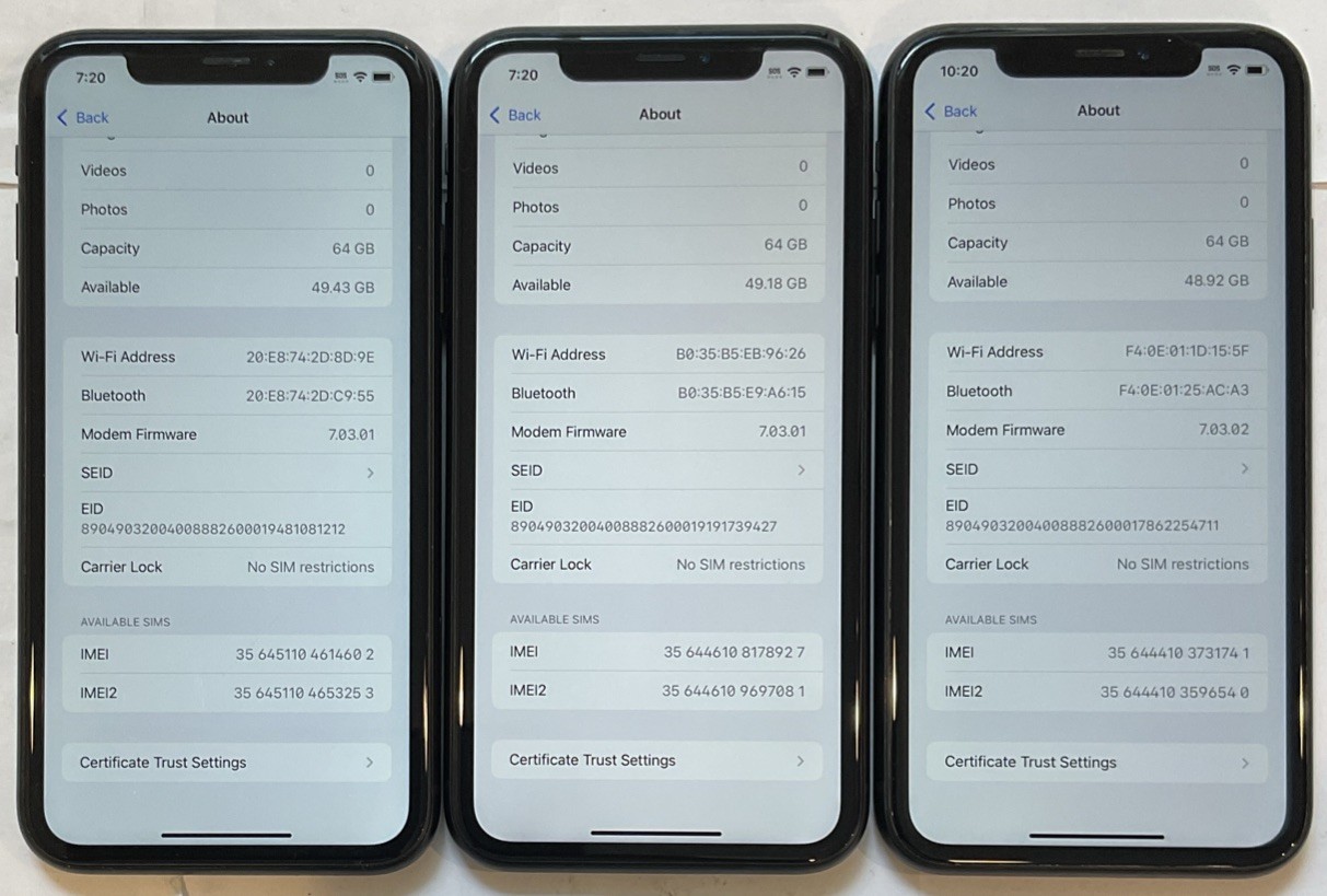 LOT OF THREE TESTED USED GSM UNLOCKED, iPhone XR, 64GB A1984 MT302LL/A PHONES