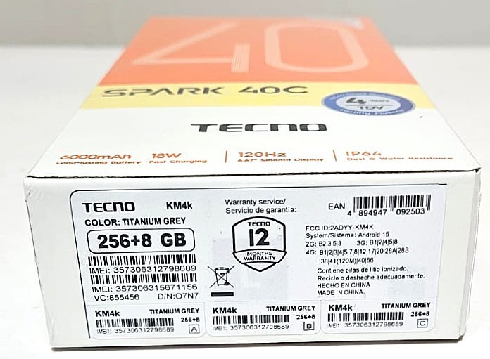 (New) TECNO Spark 40C Android Cell Phone (8GB+256GB/GREY/Dual SIM/Unlocked)