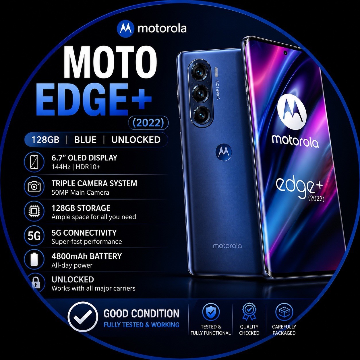 Motorola Edge+ 2022 128GB Blue Unlocked 5G Smartphone Tested Working. For cheap