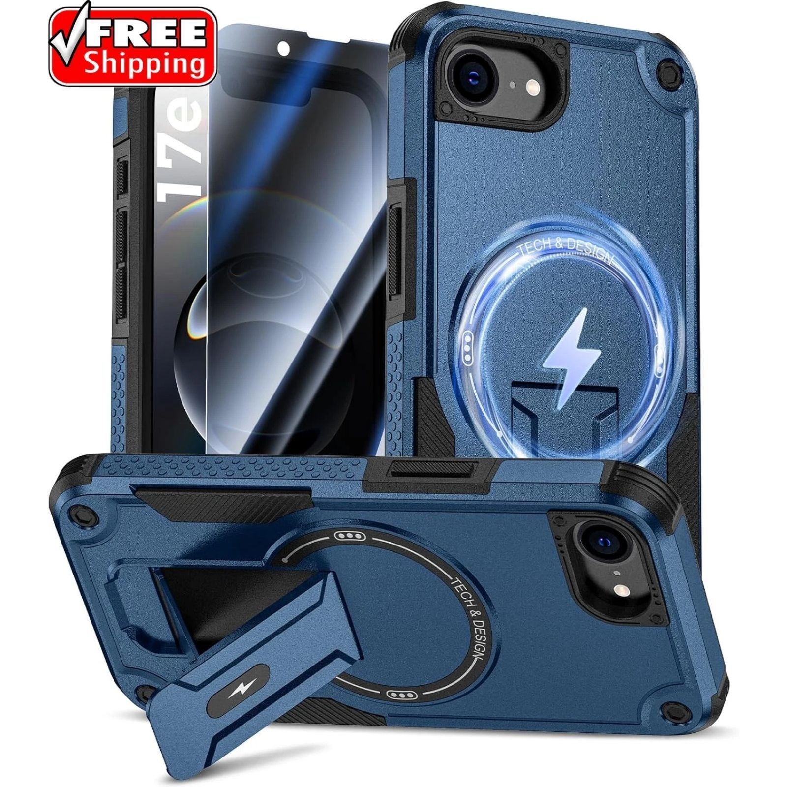 Case & Tempered Glass Screen Protector for iPhone 17e/16e Blue Privacy Shockproo