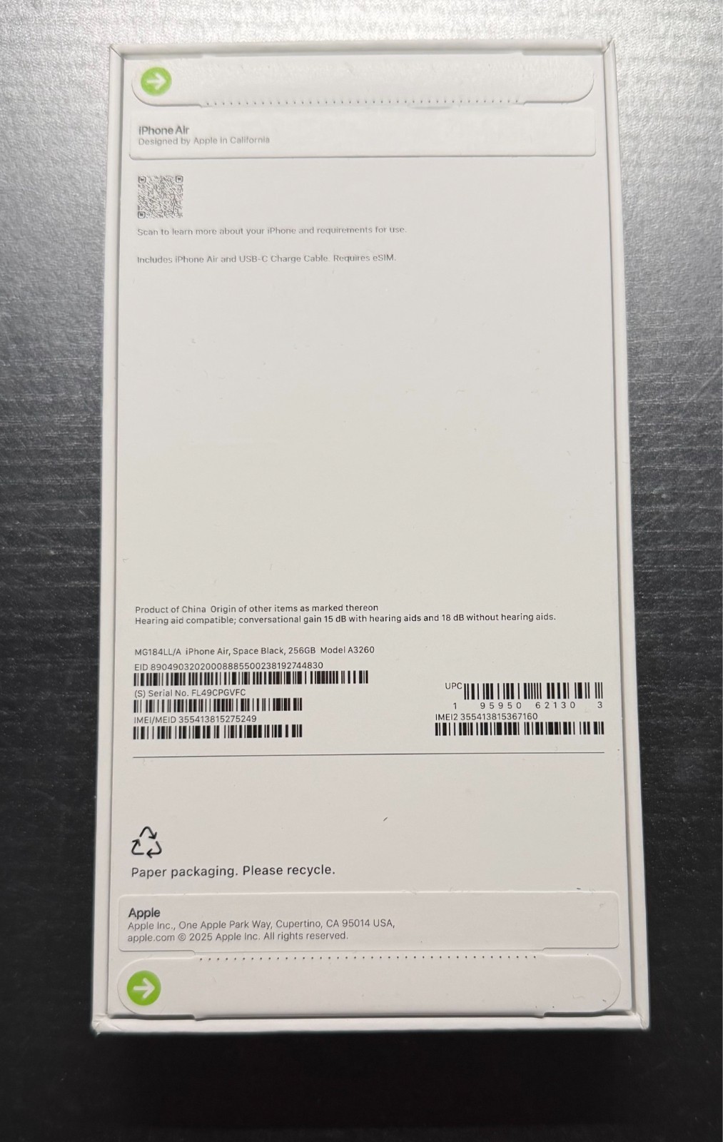 NEW SEALED Apple iPhone Air, Space Black, 256GB, MG184LL/A, A3260 – UNLOCKED
