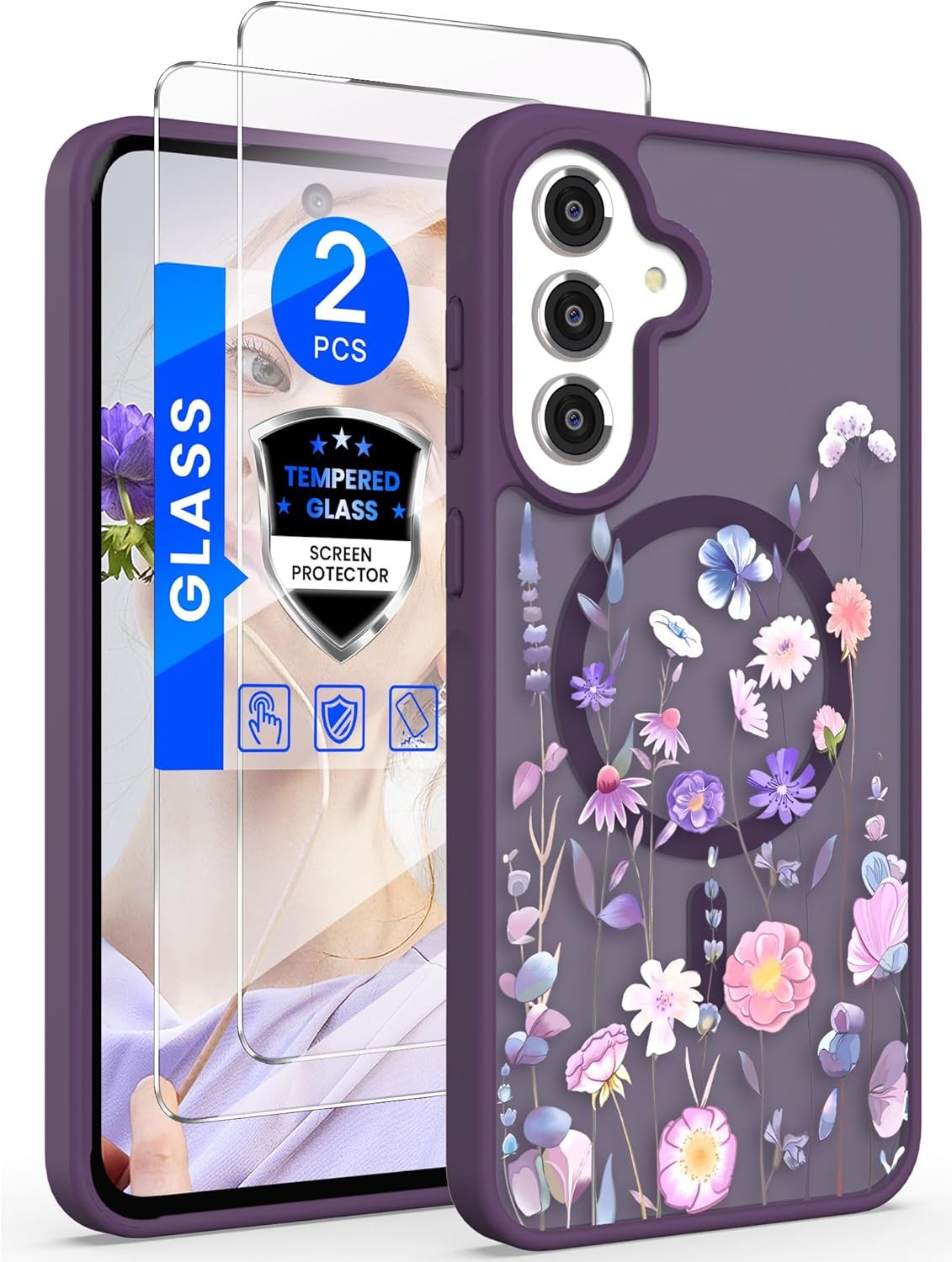 Samsung Galaxy S25 FE Floral Phone Case with 2X Screen Protector, Military Grade