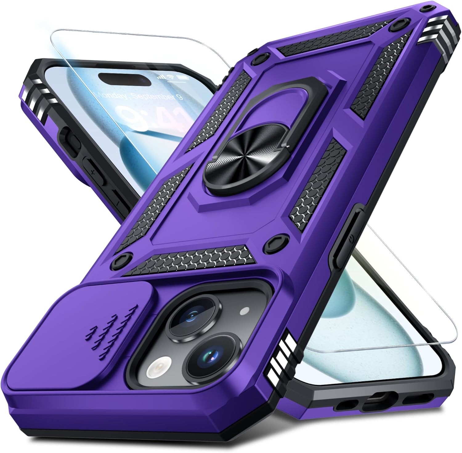 1. For iPhone 15 Phone Case Built in Slide Camera Lens Cover Purple, Shockproof