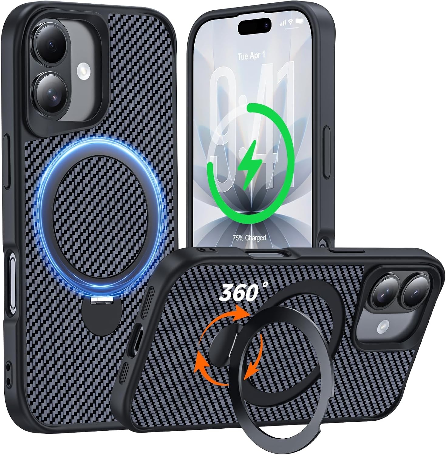 Designed for iPhone 17 Case with 360° Magnetic Stand, Carbon Fiber Phone Case