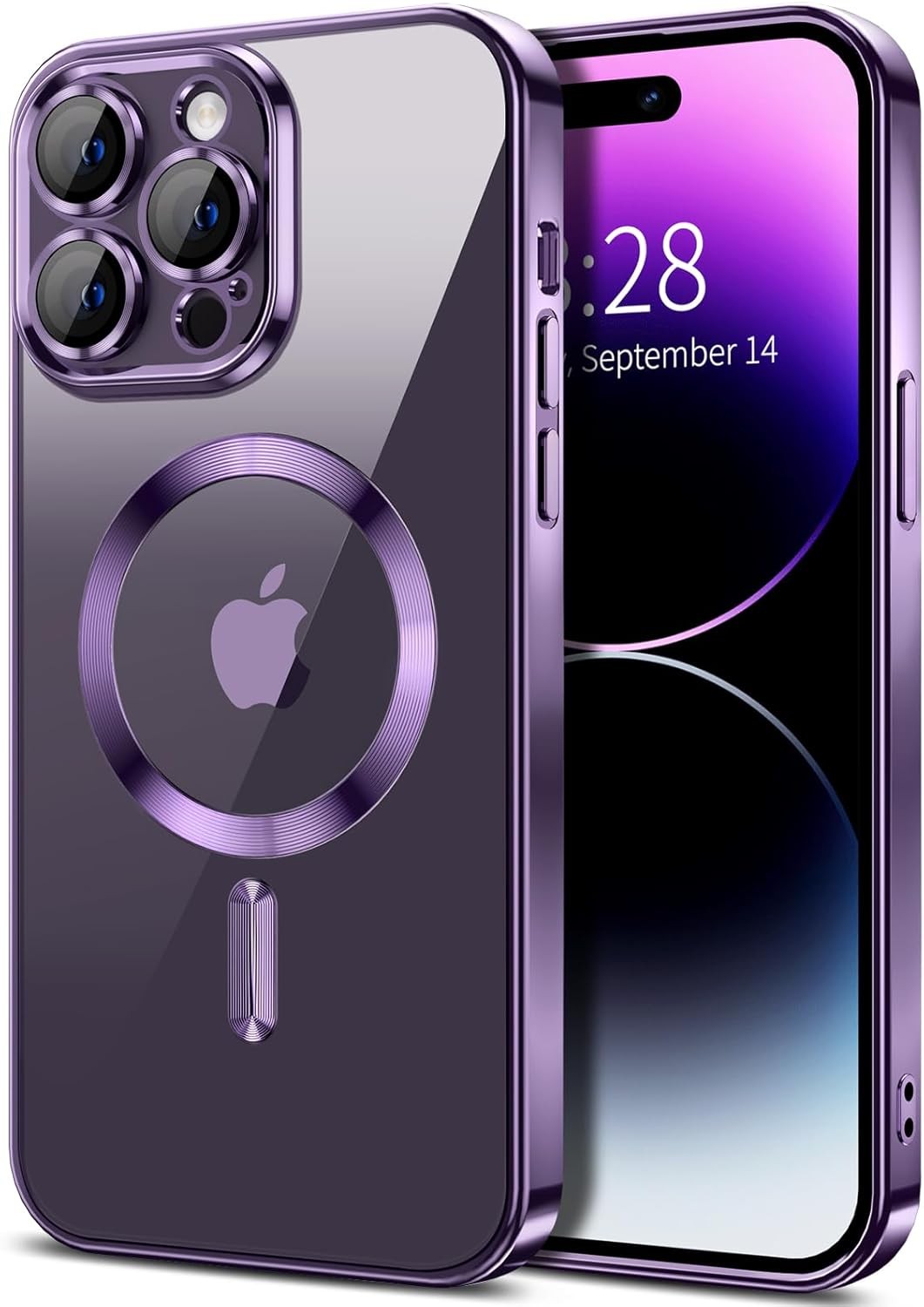 Magnetic Clear for iPhone 14 Pro Max Case with Camera Lens Protector, Deep Purpl