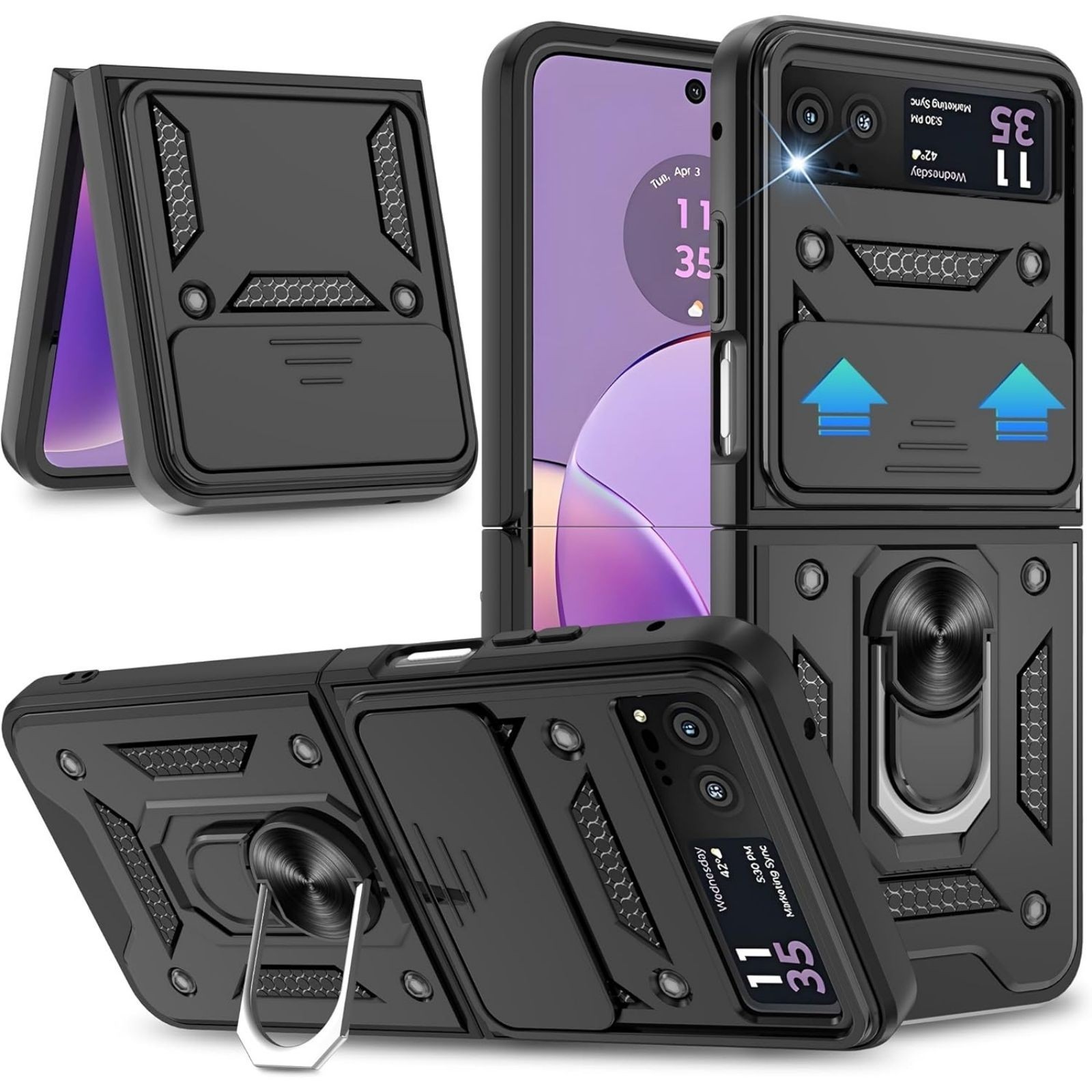 Motorola Moto Razr 2023 Case with Slide Camera Cover, 360° Rotation Kickstand