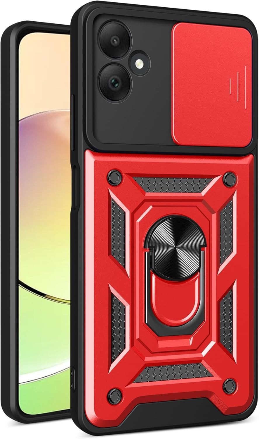 Case for Samsung Galaxy A05 with Slide Camera Cover & Rotated Ring Kickstand Red