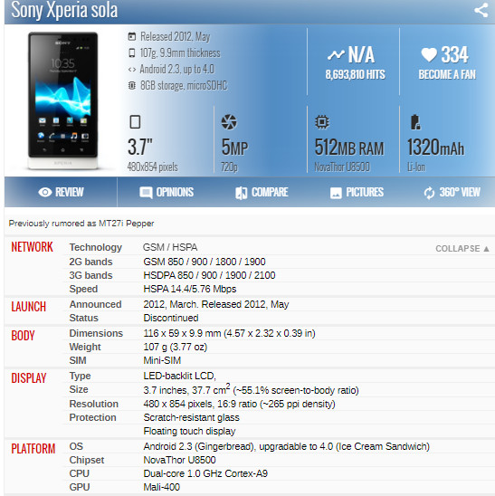 5MP Sony MT27i Xperia sola Dual core 3G Android 3.7″ 8GB Capacitive touch screen