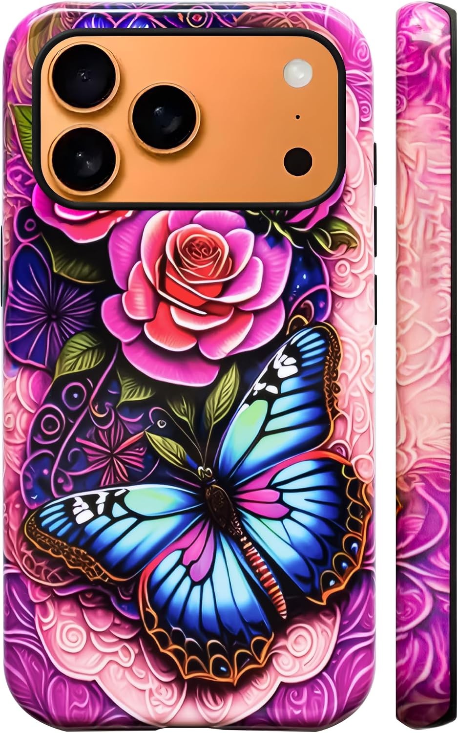 Dual-Layer Case for iPhone 17 Pro Max, Blue Butterfly Flowers Rose Shockproof Co