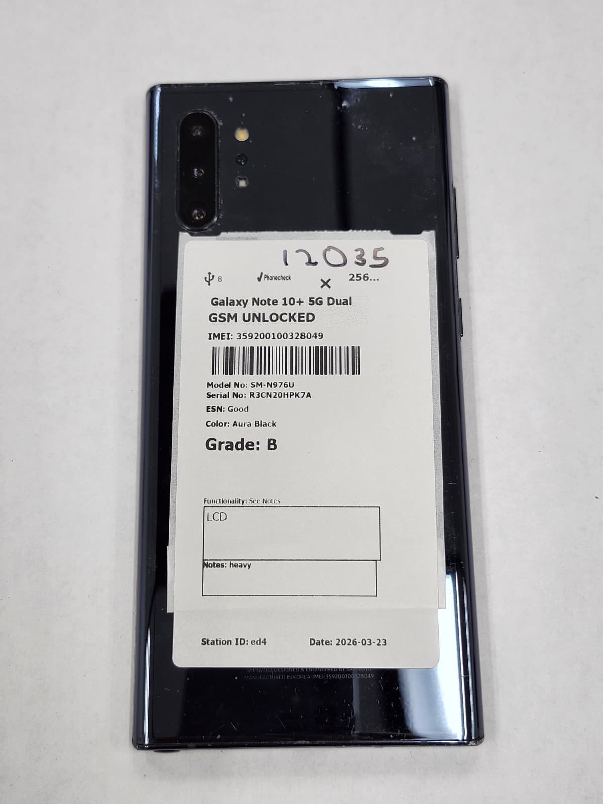 DEFECTIVE – Samsung Galaxy Note 10+ 5G – 256GB – Black – GSM Unlocked – 12035