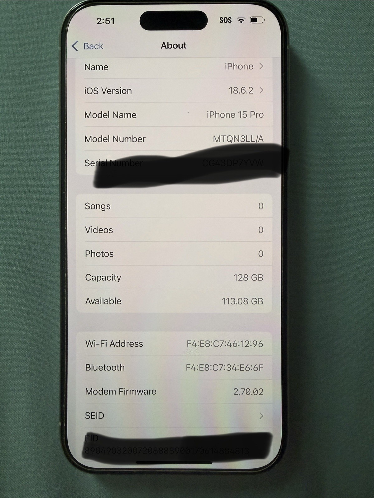Apple iPhone 15 Pro 128GB white MTQN3LL/A iOS 18.6.2 Bluetooth Wi-Fi Bar