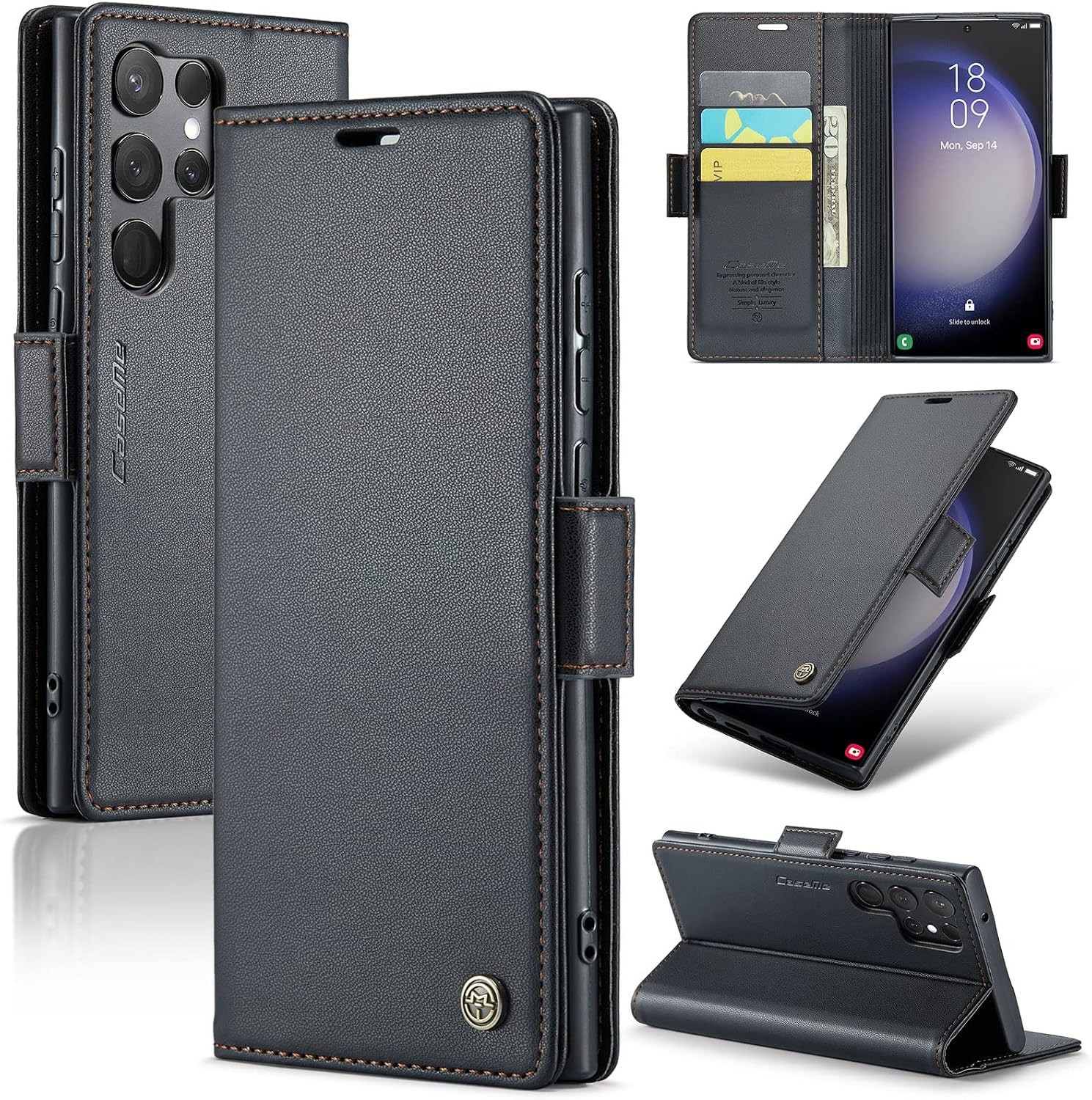 Wallet Case & Card Holder for Galaxy S23 Ultra Black RFID Blocking Leather Kicks